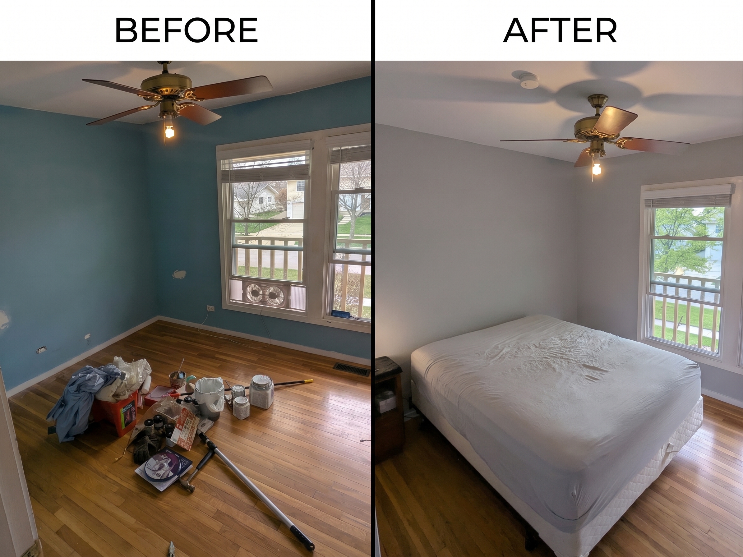 Comparison of bedroom before and after drywall repair and painting